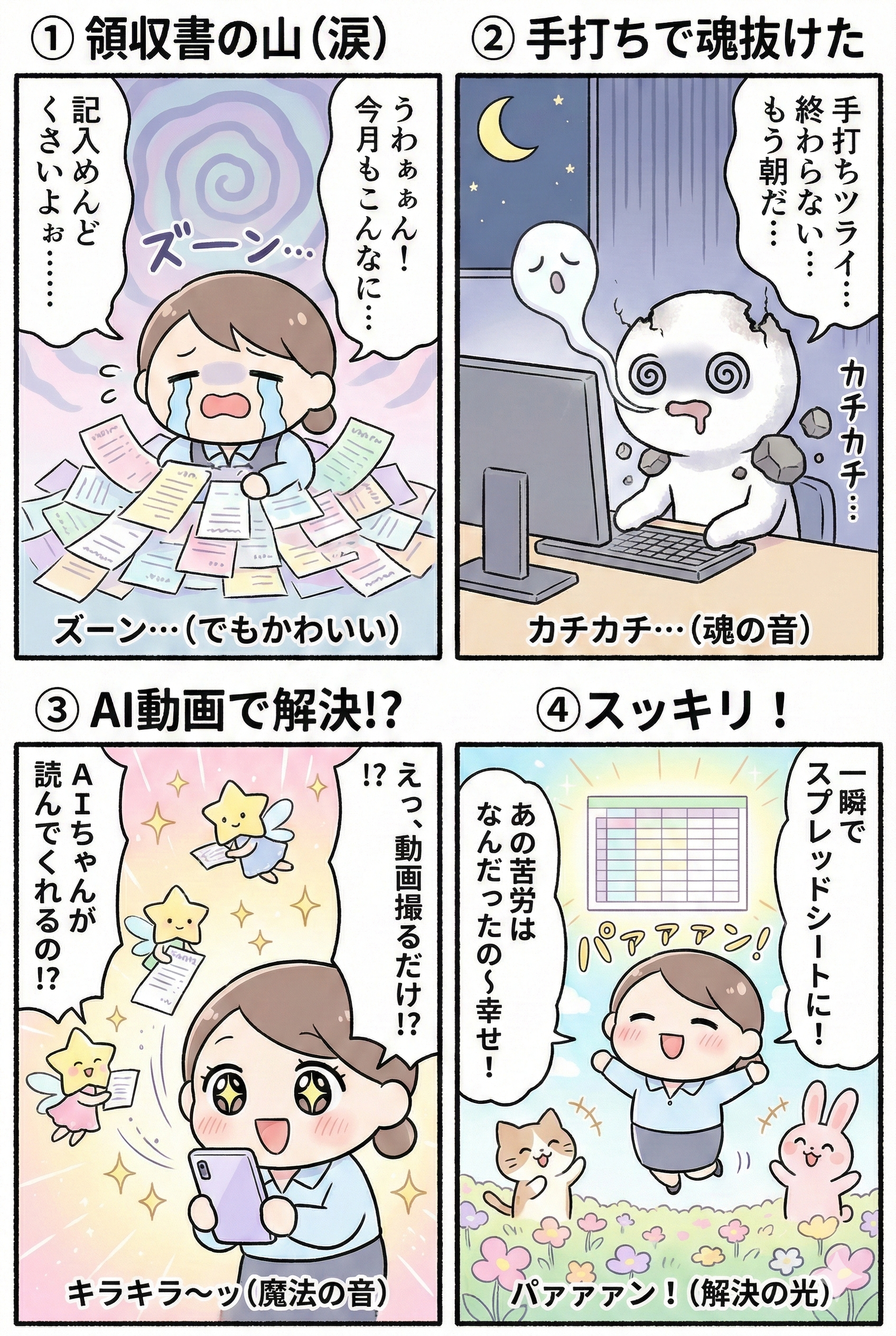 生成AI 4コマ漫画 — 領収書の山（涙）